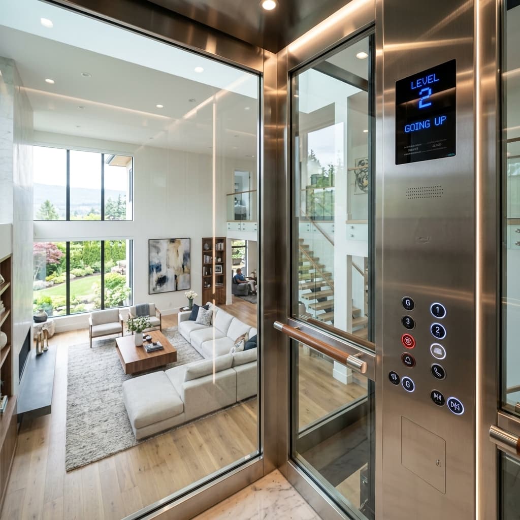 Close-up interior view of a luxury glass home elevator control panel and scenic living room view
