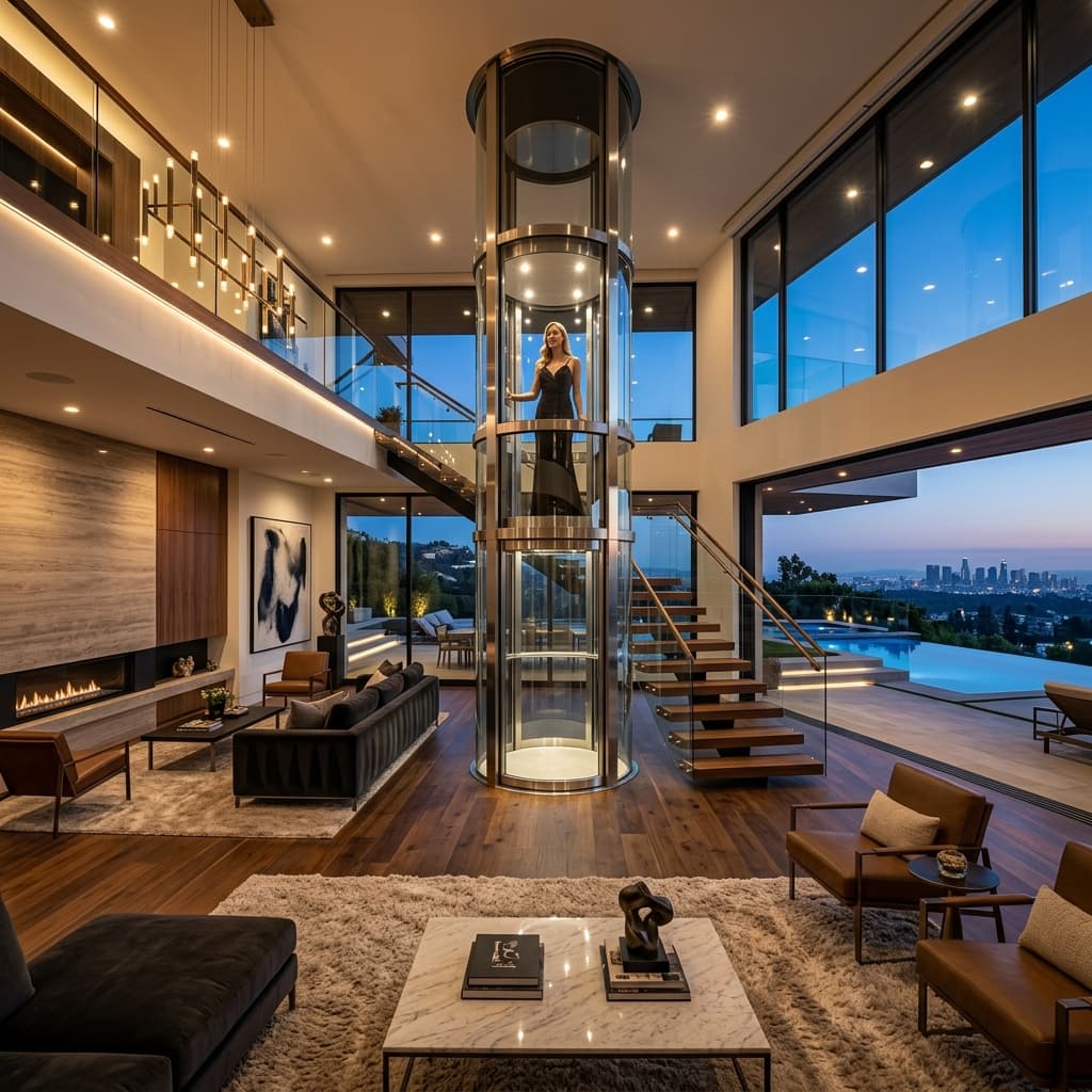 Wide-angle view of a luxury living room featuring a modern glass pneumatic home elevator